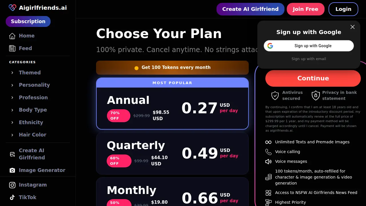 Best AI Girlfriend Apps (2026): Ranked & Reviewed 25 AIGirlfriends.ai live pricing page, July 2026 - the introductory prices (50% and 70% off) shown alongside the full renewal prices.