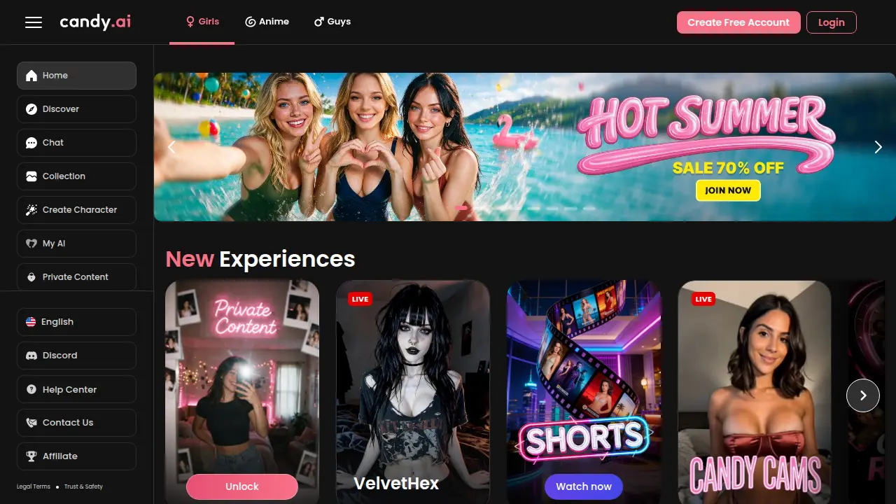 Best AI Girlfriend Apps (2026): Ranked & Reviewed 20 Candy AI homepage, July 2026 - the character gallery and a 'Hot Summer Sale 70% off' promo banner.