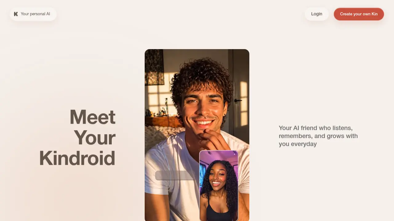 Best AI Girlfriend Apps (2026): Ranked & Reviewed 19 Kindroid homepage, July 2026 - the 'Meet Your Kindroid' hero with a video-call preview.