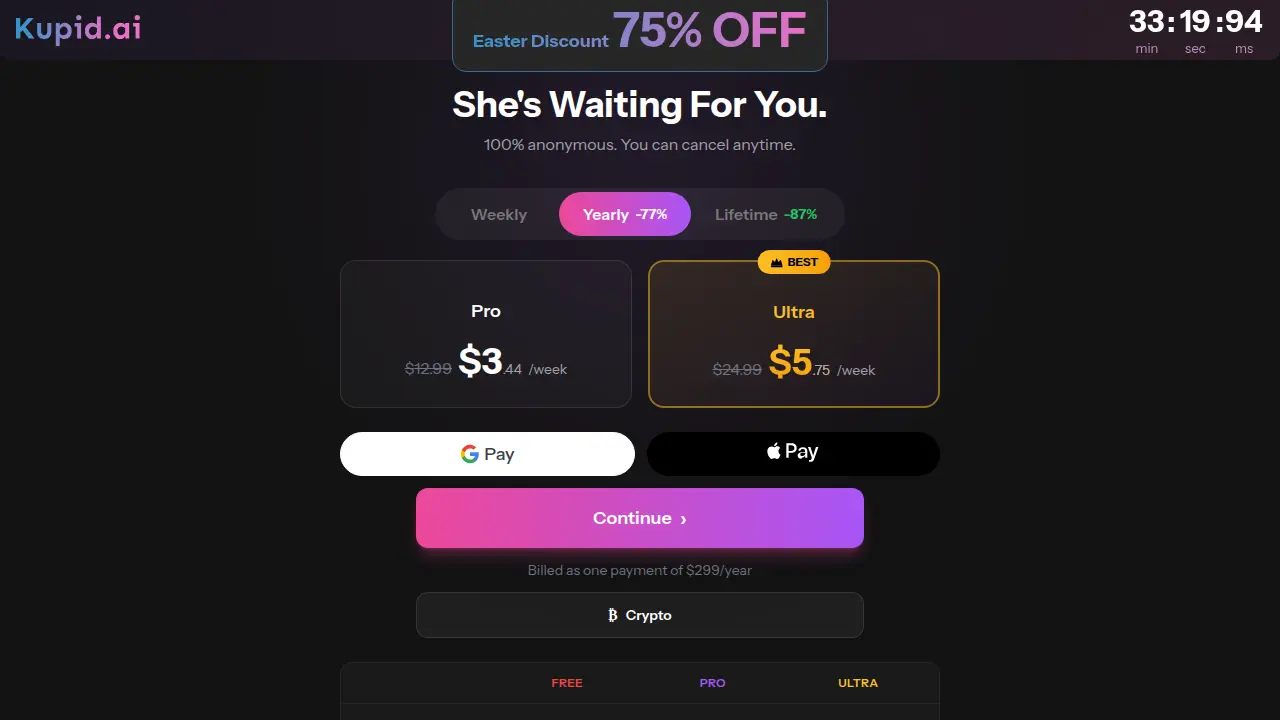Best AI Girlfriend Apps (2026): Ranked & Reviewed 23 Kupid.ai live pricing page, July 2026 - the 'Yearly -77%' tab showing $3.44/week and $5.75/week, with the small print stating the annual plan is 'billed as one payment of $299/year.'