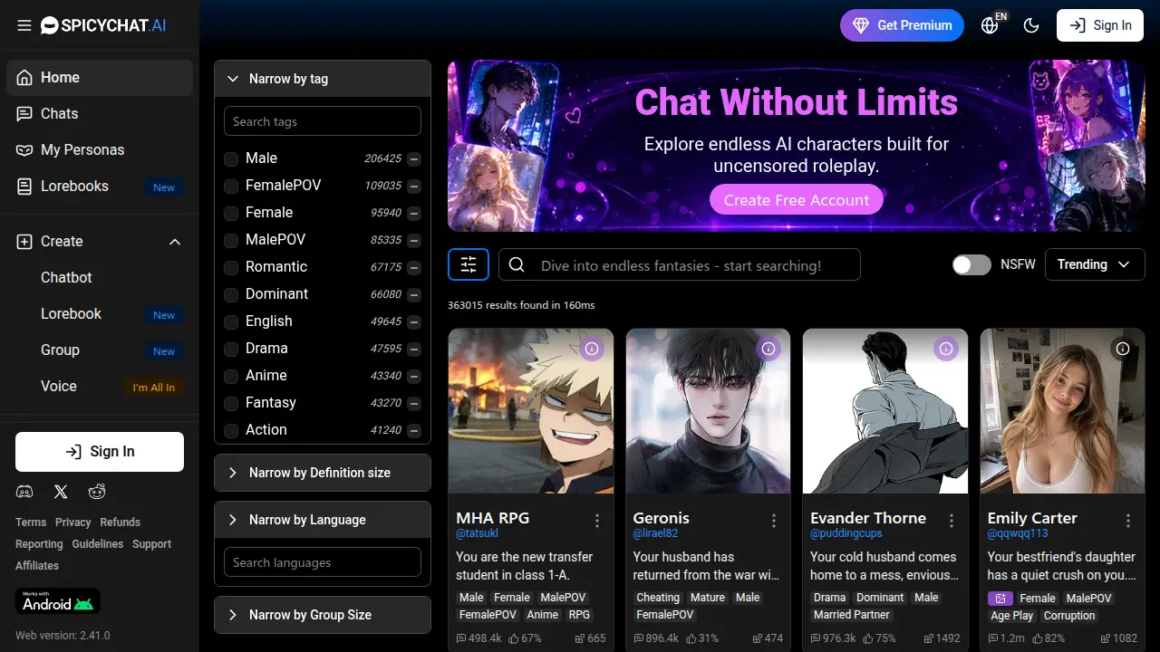 Best AI Girlfriend Apps (2026): Ranked & Reviewed 22 SpicyChat AI homepage, July 2026 - 'Chat Without Limits,' with the character browse grid and NSFW toggle.